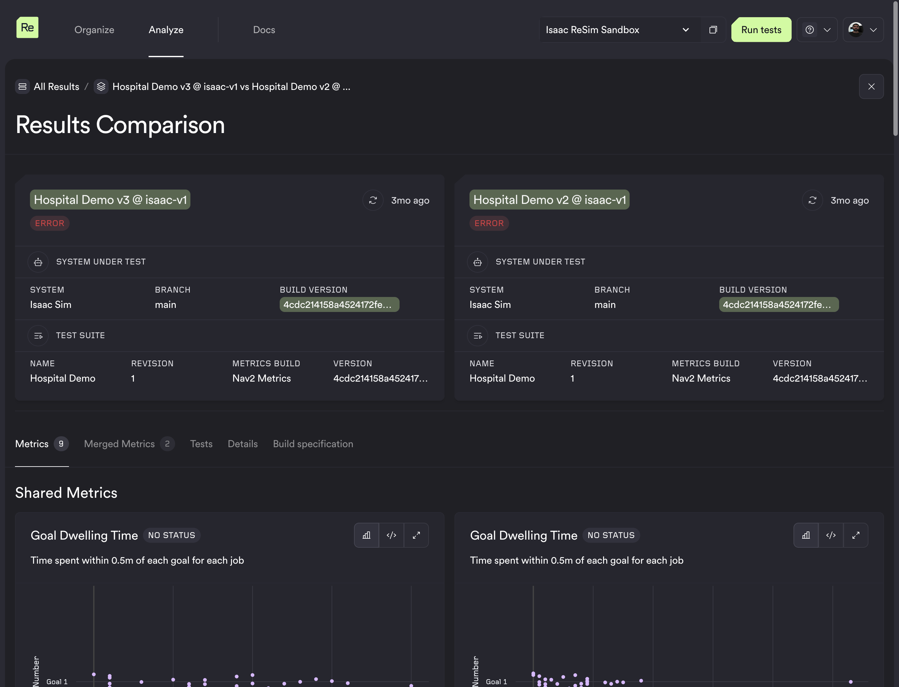A batch comparison, with both runs summarized at the top and their shared metrics side by side