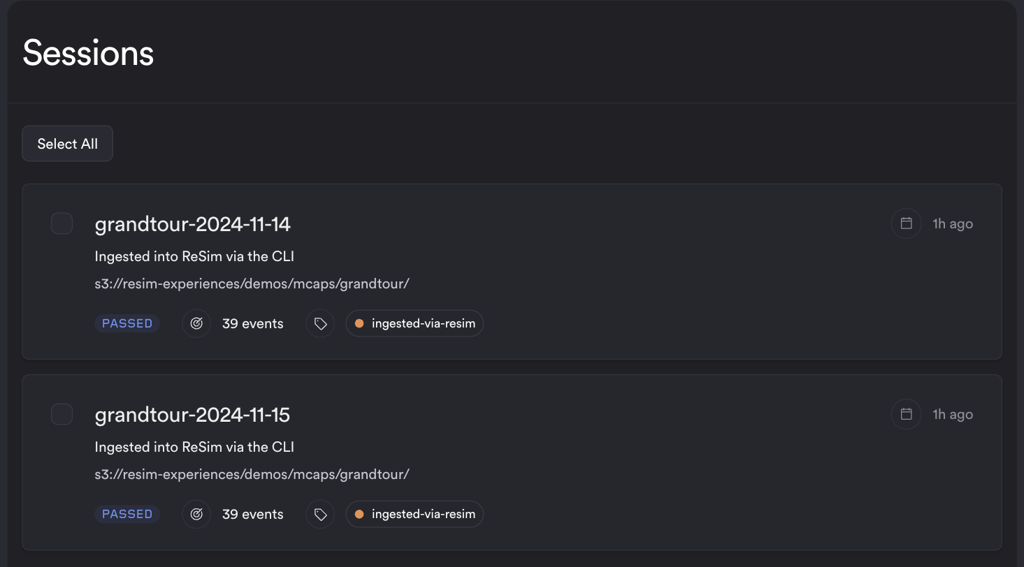 The Sessions library, with two evaluated sessions each showing a Passed state, an event count and a tag
