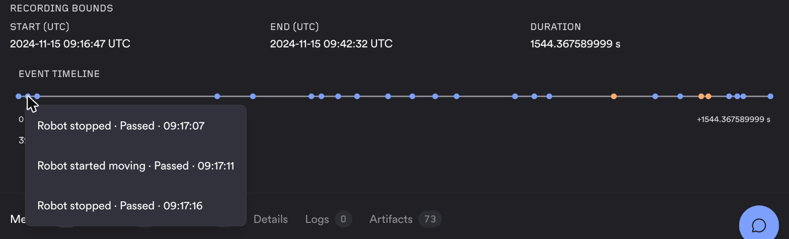 An event timeline with a shared marker opened, listing three events a few seconds apart